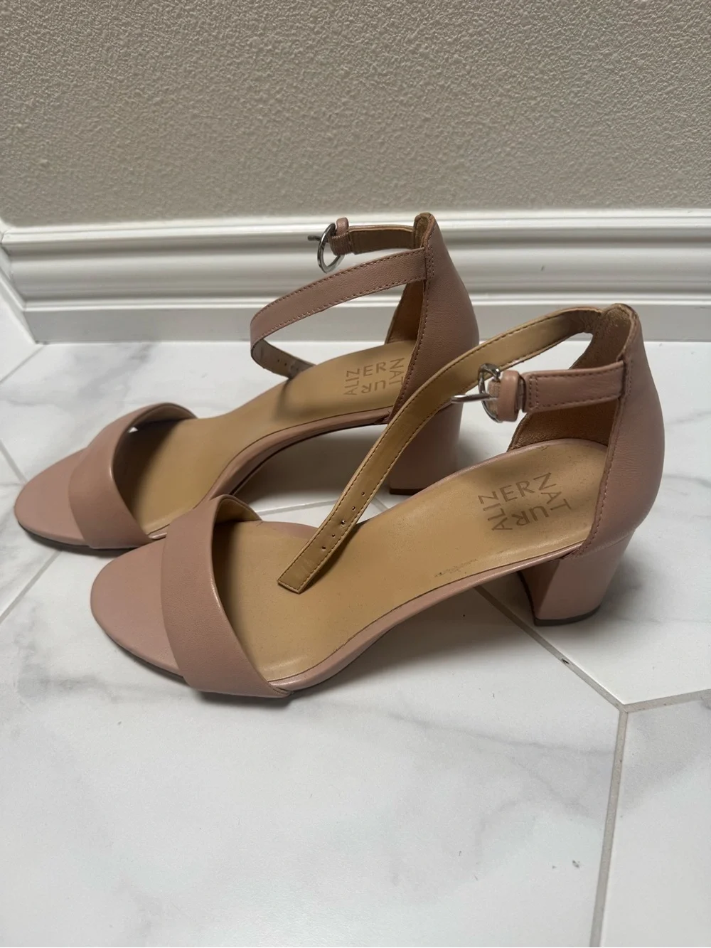 Nude Pinkish Beige Ankle Strap Block Heel Sandals -Naturalizer